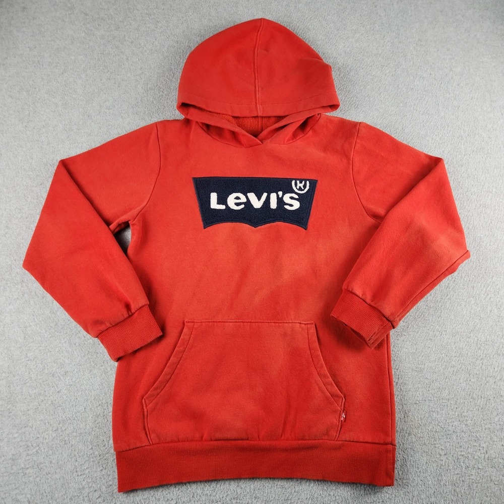 Levi's Hoodie Boys Large Red Fleece Lined Long Sleeve Batwing Logo Pullover